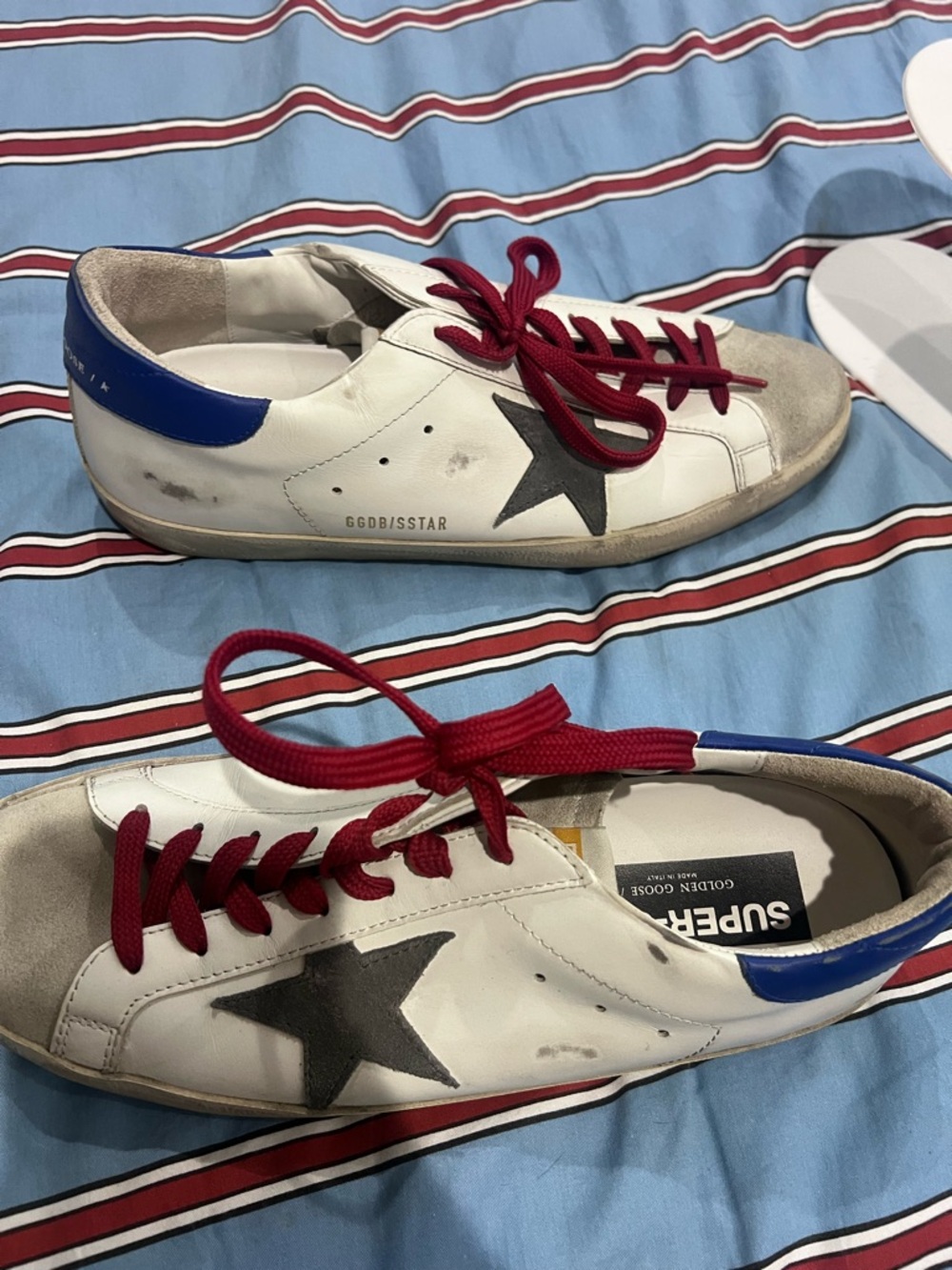 Golden Goose White Leather Sneakers with Black Insole Label & Blue Heel